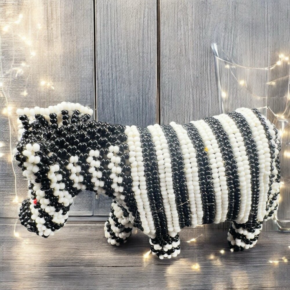 Vintage Hand Made Beaded Zebra Figurine Black White With Red Eyes By Artisans